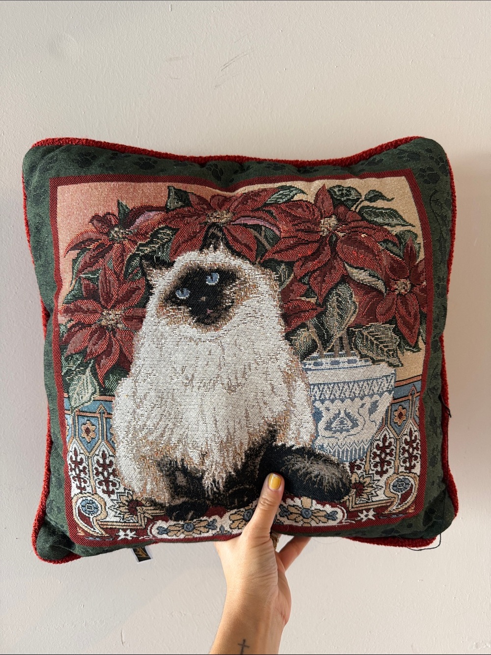 Vintage Holiday Siamese Cat Decorative Pillow - Red & Green